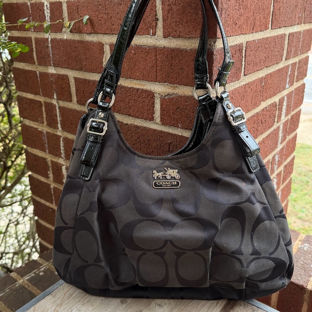 Coach Black Signature Women's Bag with Red Satin Lining